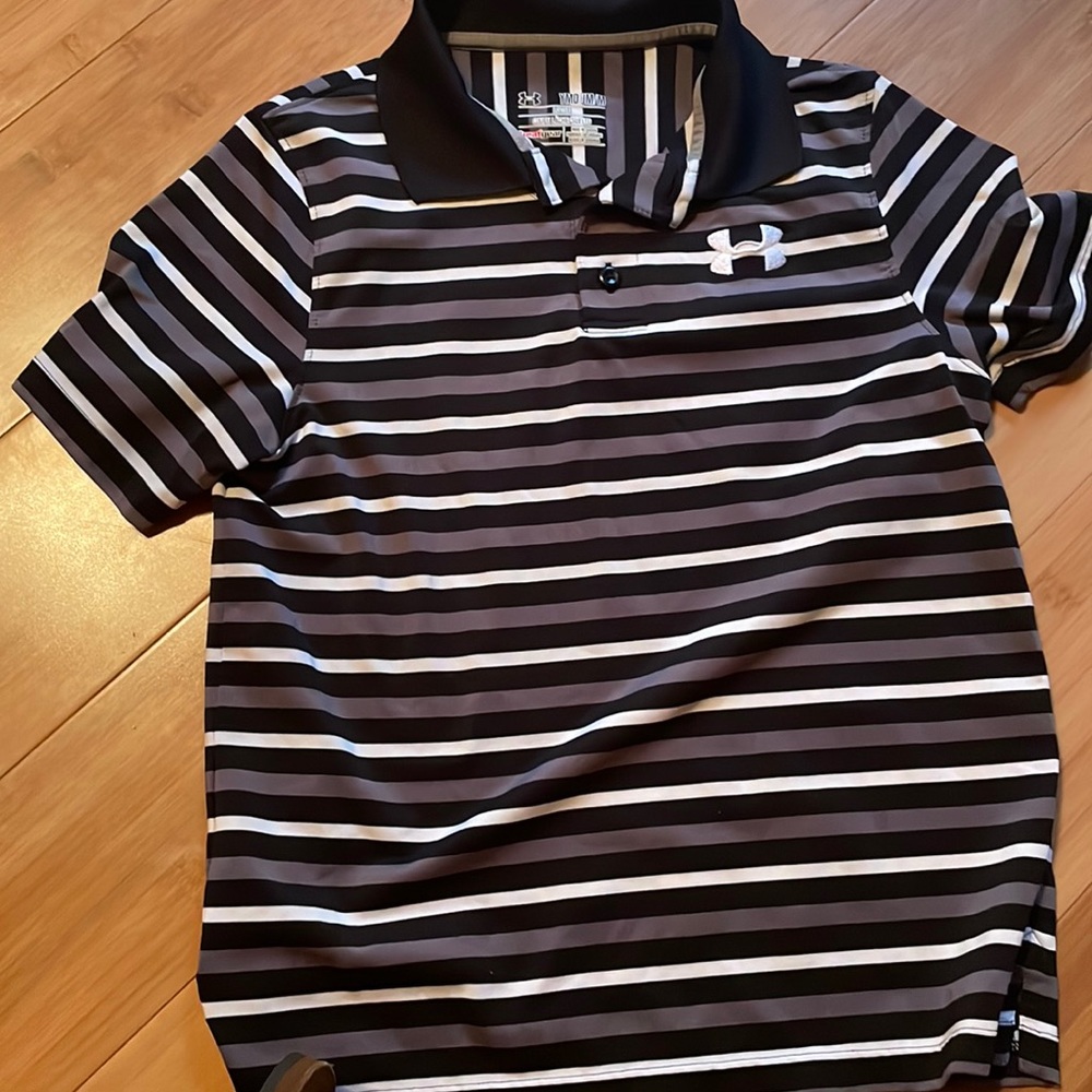Black, white, grey striped Under Armour polo.  YMD
